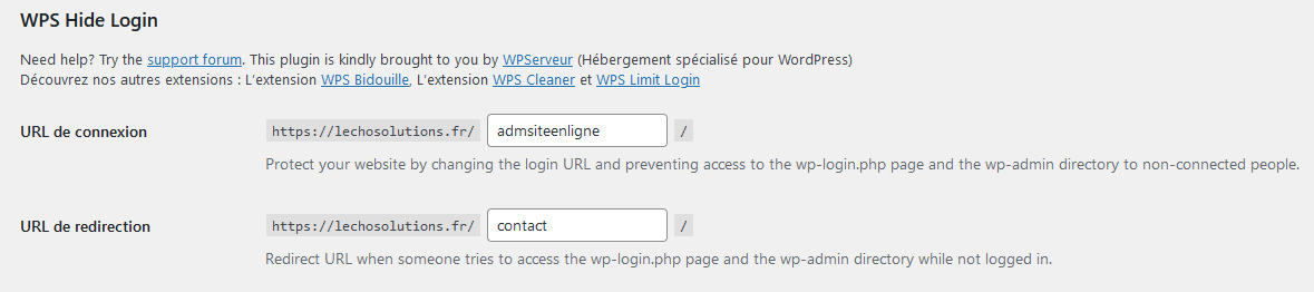 Exemple WPS Hide Login avec url de connexion et url de redirection
