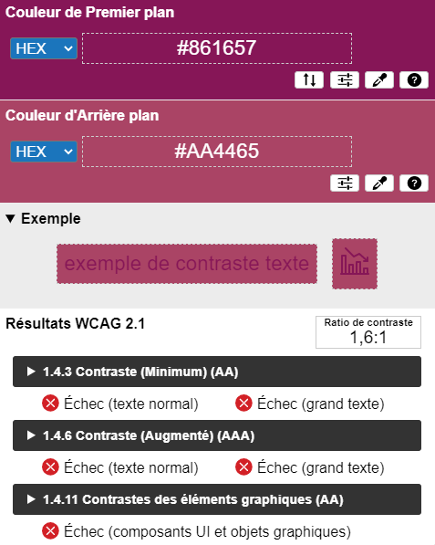 Résultat sur Colour Contraste Analyser : #861657 en premier plan et #AA4465 en arrière-plan. Les résultats d'accessibilité numérique sont tous en échecs.
