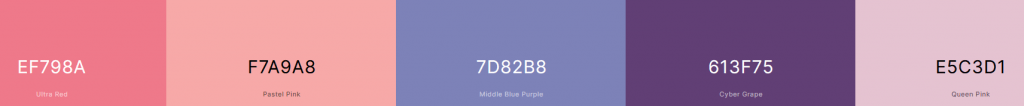 Exemple de palette sur Coloors.co ici les couleurs #EF798A, #F7A9A8, #7D82B8, #613F75, #E5C3D1 sont générées.