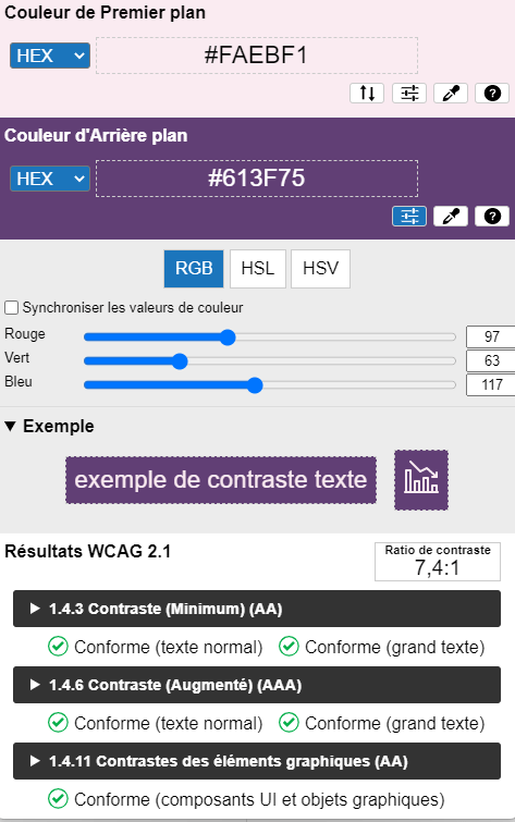 Résultat sur Colour Contraste Analyser : #FAEBF1 en premier plan et #613F75 en arrière-plan. Les résultats d'accessibilité numérique sont tous conformes.