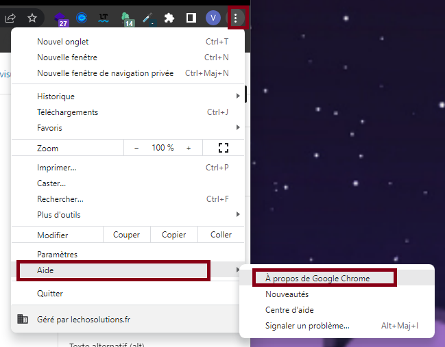 trois petits points en haut à droite sur votre navigateur Google Chrome, puis sur Aide et À propos de Google Chrome.